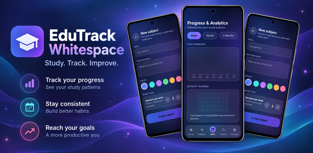 EduTrack Whitespace app overview with three mobile screens