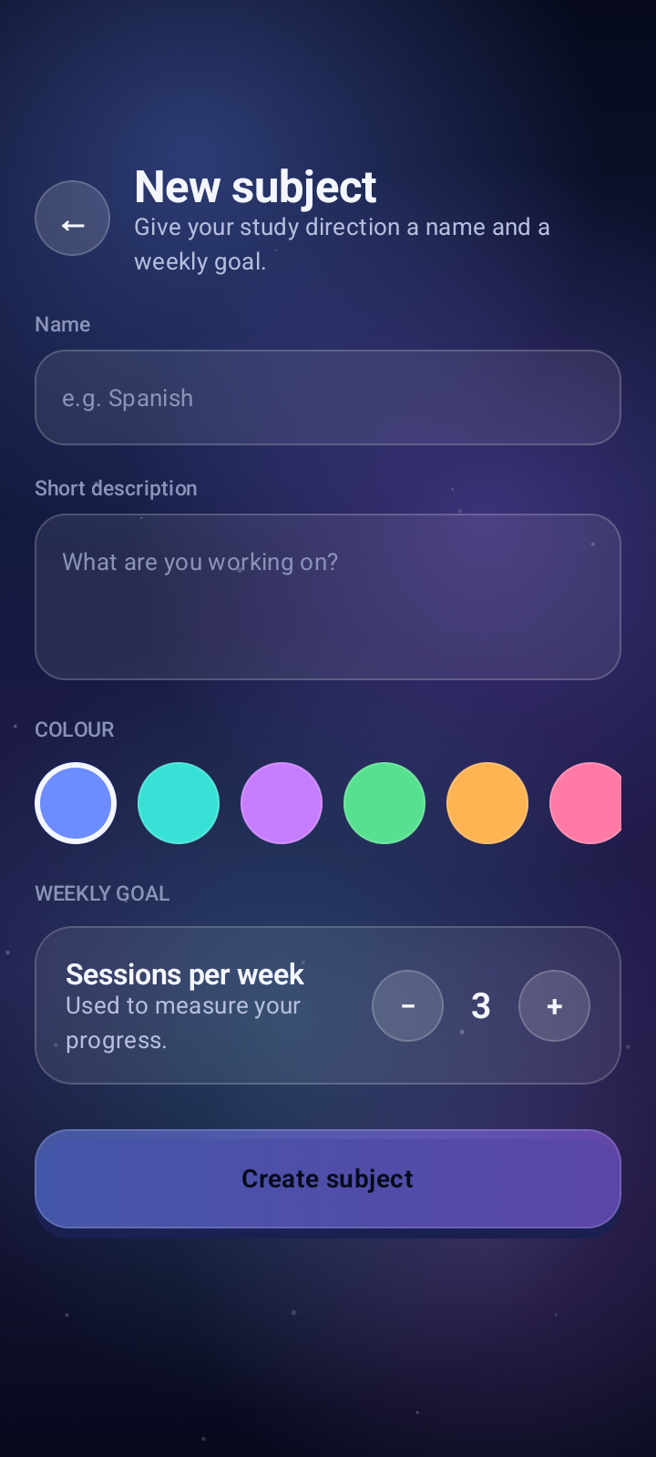 New subject form with color selection and weekly goals