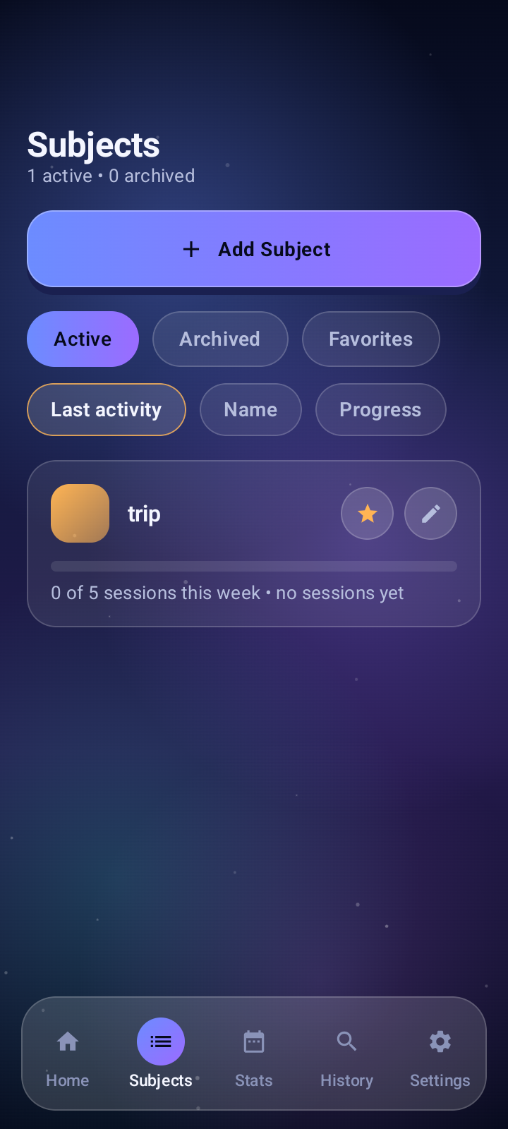 Subjects screen showing active study subjects